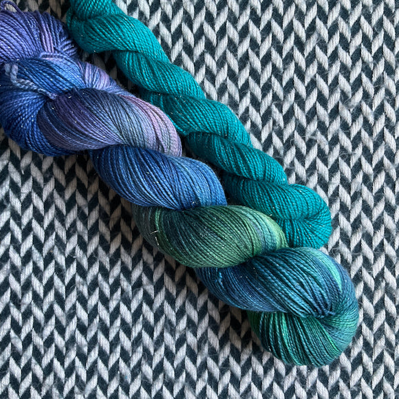 WATER LILIES with Teal Owl * Broadway Sparkle Sock Set * -- full-size skein with mini-skein -- ready to ship yarn