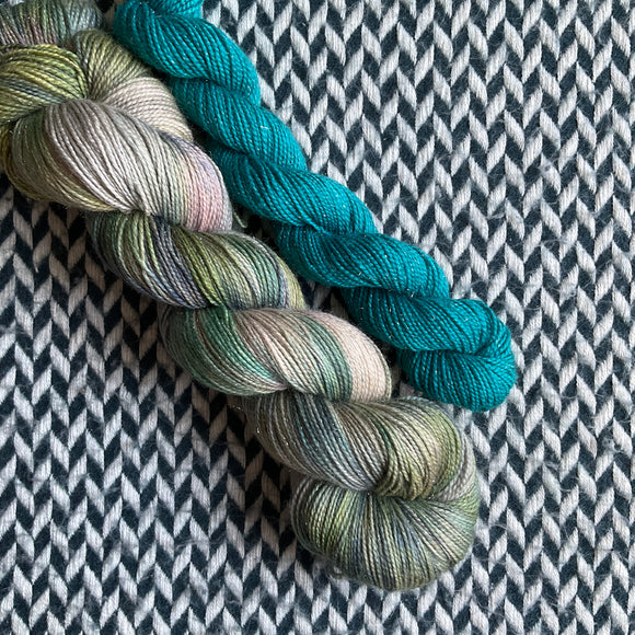 IGUANA with Teal Owl * Broadway Sparkle Sock Set * -- full-size skein with mini-skein -- ready to ship yarn