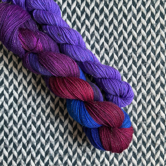 COSMIC COMPOTE and Flying Purple People Eater * Broadway Sparkle Sock Set * -- full-size skein with mini-skein -- ready to ship yarn