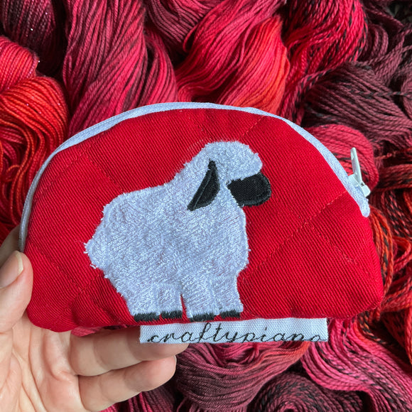 SHEEPY RED -- small notion pouch with zipper -- ready to ship